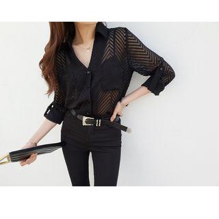 Open-placket Striped See-through Blouse
