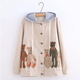 Bear Embroidered Single-breasted Hooded Jacket Camel - One Size