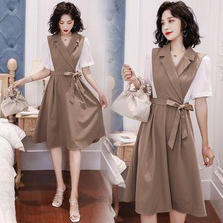 Short Sleeve Notch Lapel Two Tone A-line Dress
