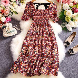 Square-neck Floral Puff-sleeved Dress