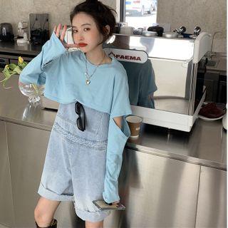 Long-sleeve Elbow-cutout Cropped T-shirt / Washed Denim Jumper Shorts