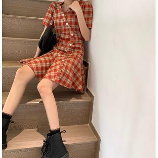 Short-sleeve Single Breasted Plaid Dress