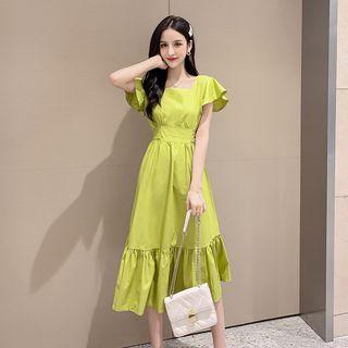 Open Back Square-neck Short-sleeve Midi A-line Dress