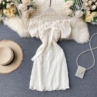 Off-shoulder Puff-sleeve Bow Dress Almond - One Size
