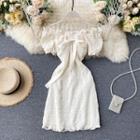 Off-shoulder Puff-sleeve Bow Dress Almond - One Size