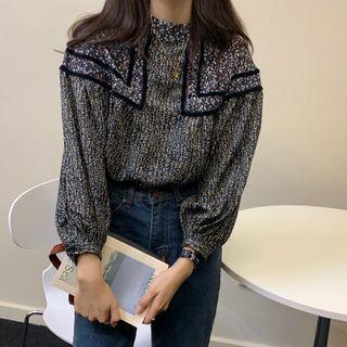 Lantern-sleeve Contrast Trim Floral Blouse