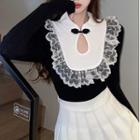 Long-sleeve Lace Trim Frog-buttoned Top