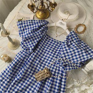 Gingham Puff-sleeve Square-neck Mini A-line Dress Blue - One Size