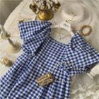 Gingham Puff-sleeve Square-neck Mini A-line Dress Blue - One Size