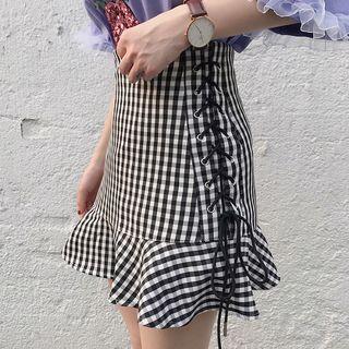 Lace Up Plaid Mini Skirt