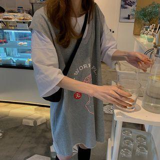 Elbow-sleeve T-shirt / Print Jumper Dress