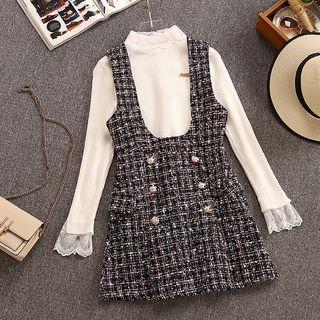 Set: Lace Panel Long-sleeve Knit Top + Tweed Jumper Dress
