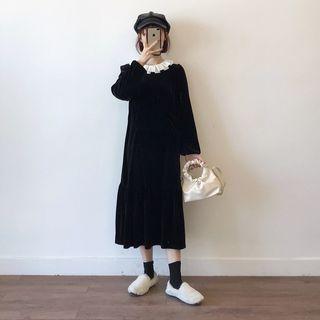 Balloon-sleeve Ruffled Collared Midi A-line Dress