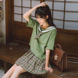 Set: Sailor Collar Top + Plaid Skirt
