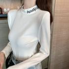 Long-sleeve Mock-neck Letter Embroidered Top