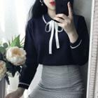Bow Accent Contrast Trim Collared Sweater