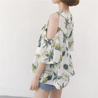 Printed Cutout Shoulder Elbow-sleeve Top