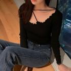 Cross Strap Lettuce Edge Knit Top