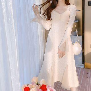 Long-sleeve Mesh Panel Ruffled A-line Dress