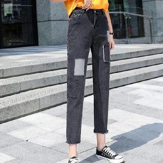 Patched Straight-cut Cropped Jeans