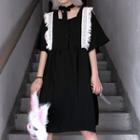 Elbow-sleeve Fringe A-line Dress Black - One Size