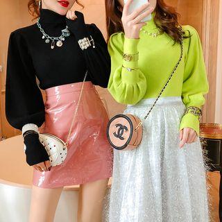 Turtleneck Lantern-sleeve Knit Top