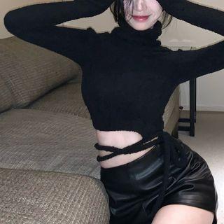 Turtleneck Tie-strap Cropped Sweater Black - One Size