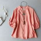 Frog-button Balloon-sleeve Linen Blouse