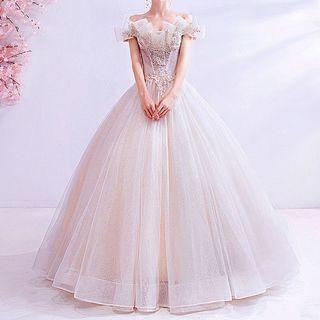 Off-shoulder Ruffled Sequined Floral A-line Wedding Gown