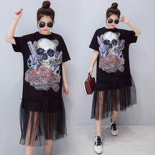 Mesh Panel Printed Short-sleeve T-shirt Dress