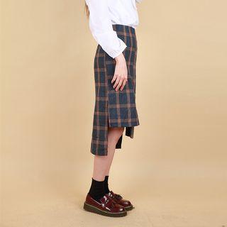 Asymmetric-hem Plaid Midi Skirt
