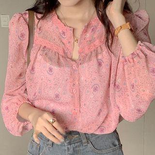 Long-sleeve Print Lace Trim Blouse