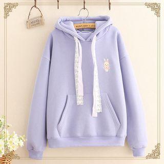 Rabbit Embroidered Lace-strap Fleece-lined Hoodie