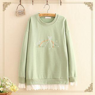 Lace-hem Rabbit Embroidered Sweater