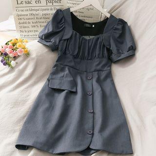 Square-neck Ruched Asymmetric Mini Dress