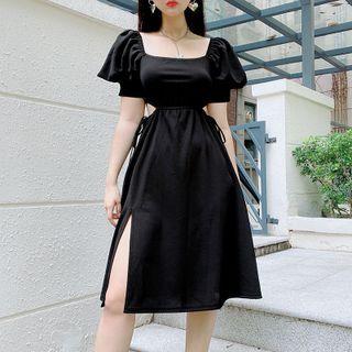 Puff Sleeve Square-neck Side-drawstring Slit A-line Dress