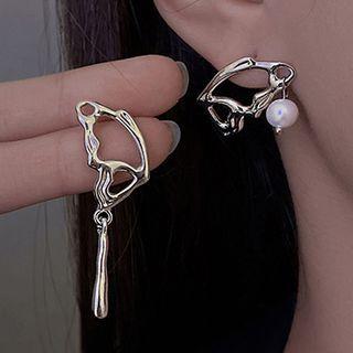 Faux Pearl Irregular Alloy Asymmetrical Earring 1 Pair - Silver - One Size