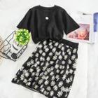 Set: Short-sleeve Floral Print Knit Top + A-line Knit Skirt Set - Top - Black - One Size / Knit Skirt - Floral - Black - One Size