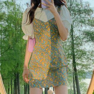 Balloon-sleeve Blouse / Floral Print Overall Dress