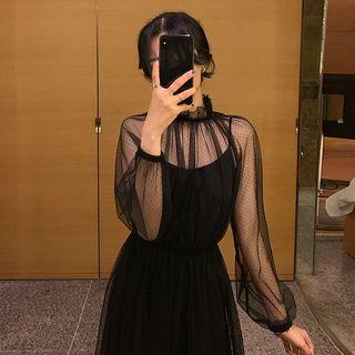 Set: Long-sleeve Frill Collar Midi Mesh Dress + Slipdress