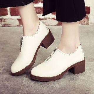 Genuine Leather Block Heel Scalloped Cuff Shoes