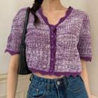Short-sleeve Pointelle Knit Top Purple - One Size