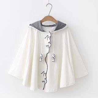 Hooded Poncho / Cat Ear Print Elbow-sleeve T-shirt