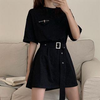 Belted Elbow-sleeve Mini T-shirt Dress