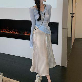 Henley Knit Top / Gingham Midi A-line Skirt