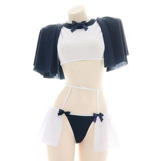 Set: Short-sleeve Bow Detail Crop Top + Strappy Panties Set Of 2 - Top & Panties - Navy Blue - One Size