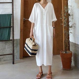 V-neck Elbow-sleeve Midi A-line Linen Dress