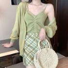 Open Front Knit Jacket / Drawstring Camisole Top / Plaid High-waist Mini Skirt