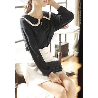 Collared Tie-front Lace-trim Top