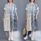 Short-sleeve Collared Print Midi A-line Dress Blue & White - One Size